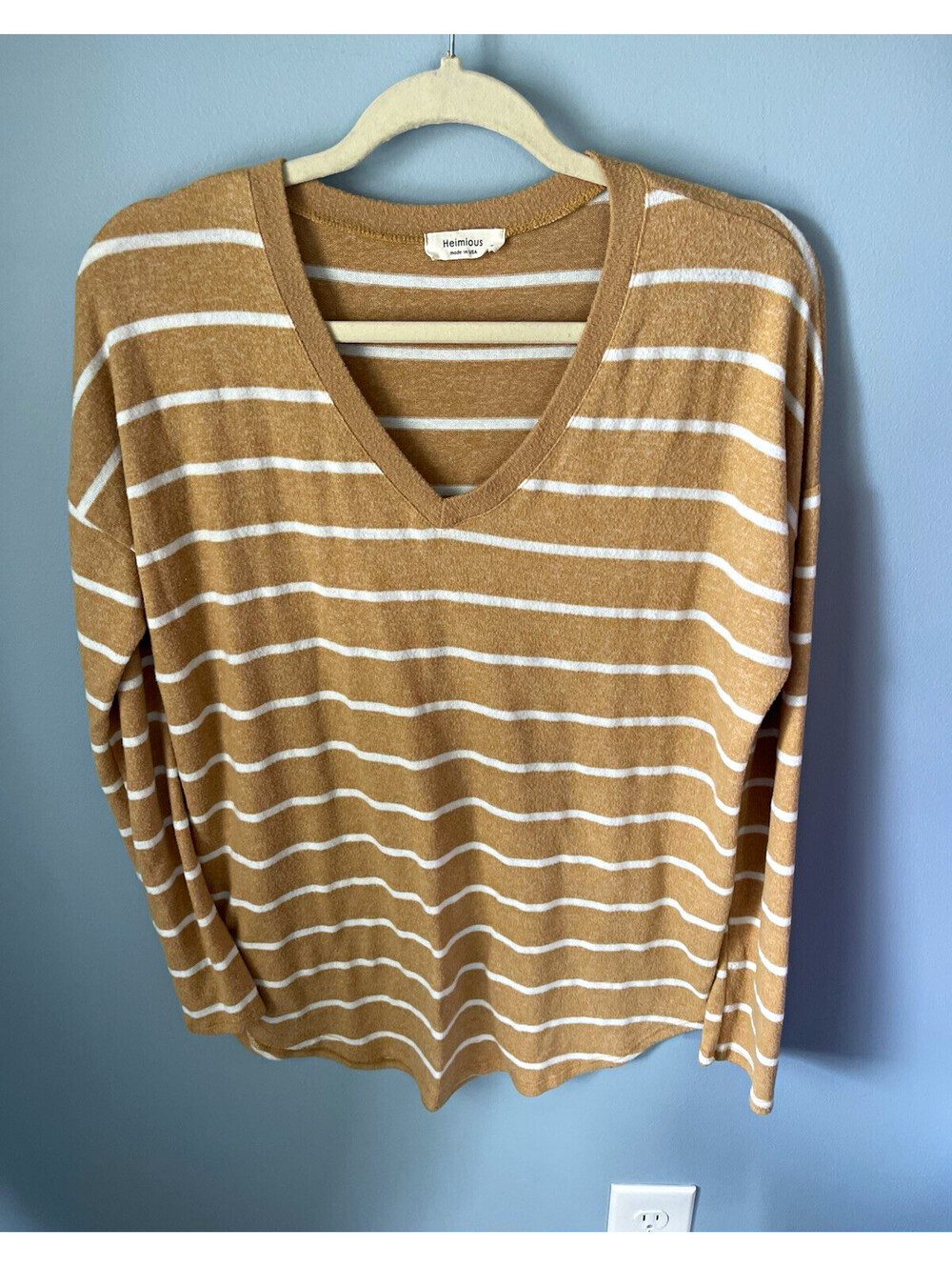 Heimious Women's Brown/White Knit Striped V-Neck Pullover Sweater Long Sleeve M